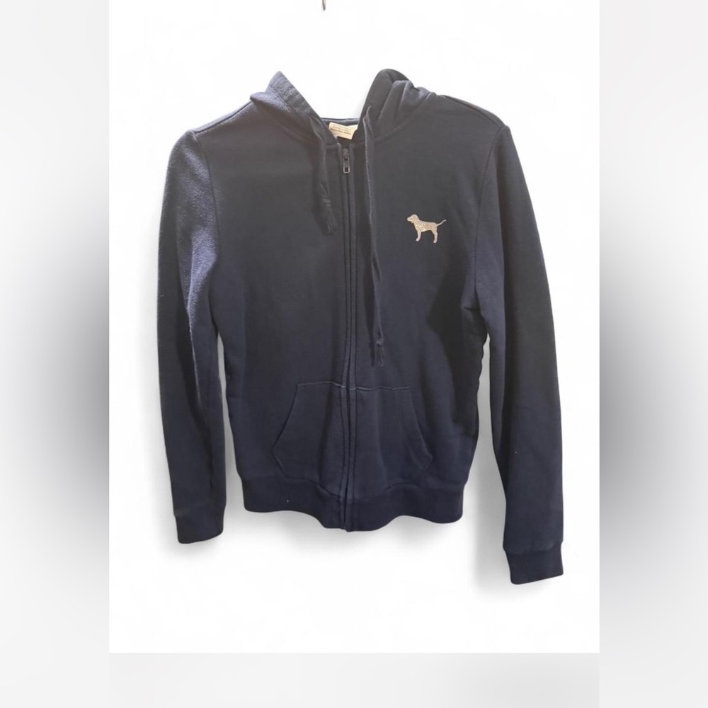 Victoria Secret PINK navy blue full zip hoodie with glitter dog logo in front XS